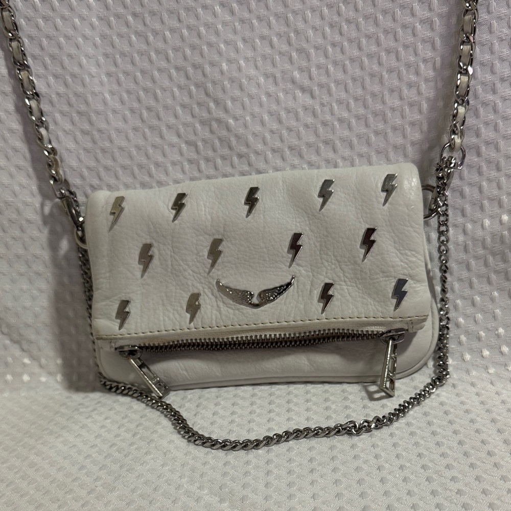 Zadig & Voltaire White Leather Lightning Stud Chain Wristlet